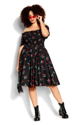City Chic Black Cherry Print Cold Shoulder Dress