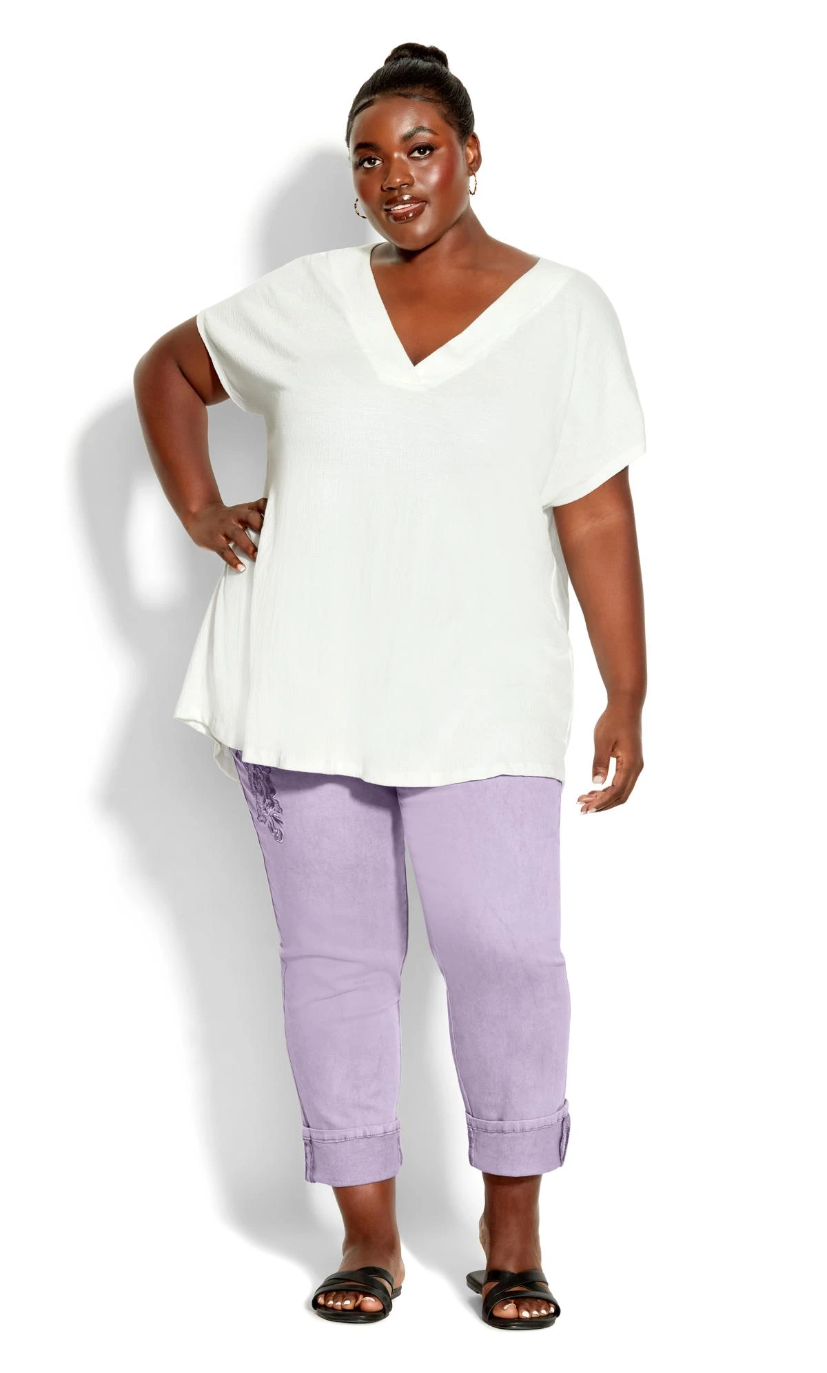 Avenue Purple Embroidered Turn Up Denim Jean