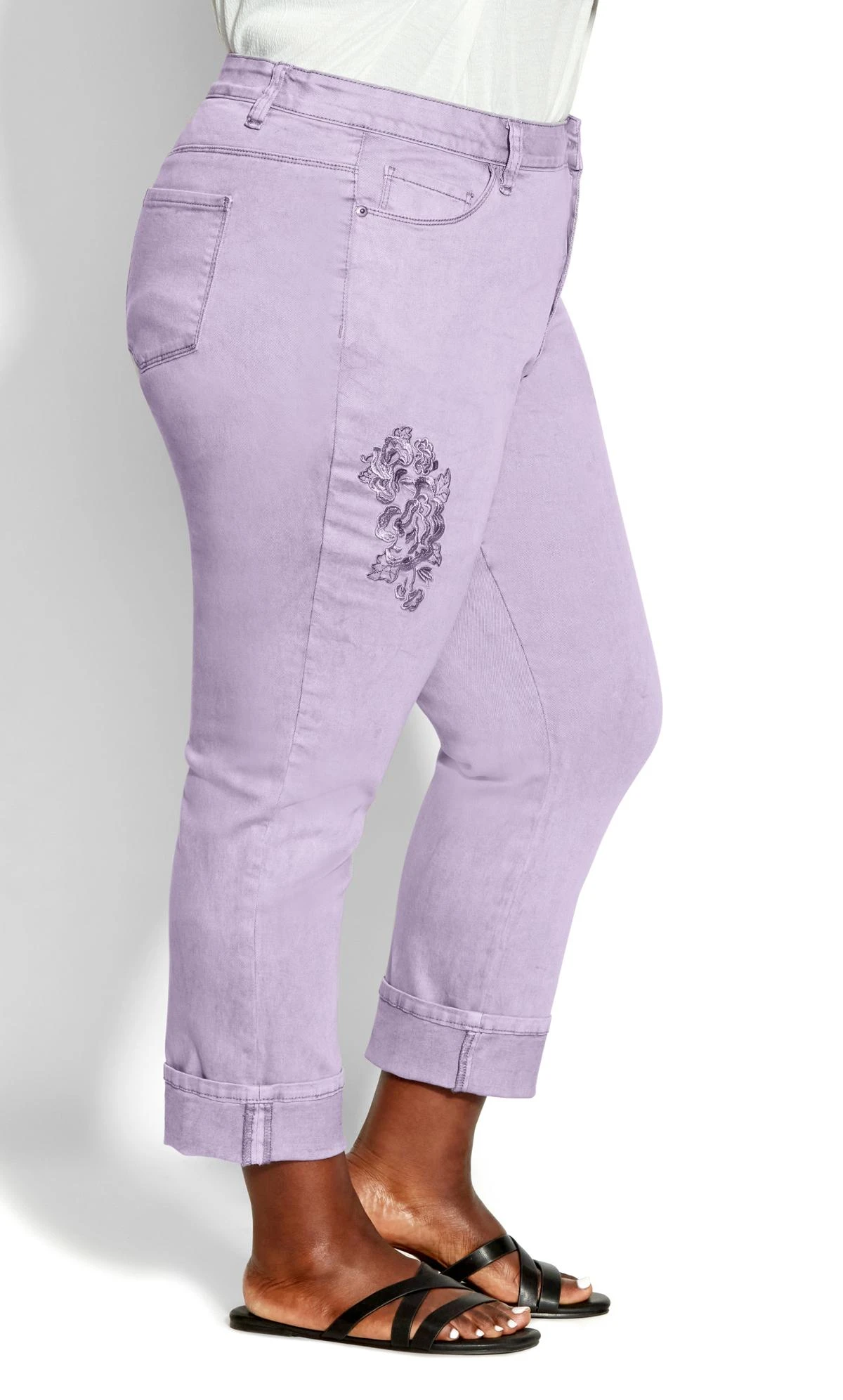 Avenue Purple Embroidered Turn Up Denim Jean - Image 4