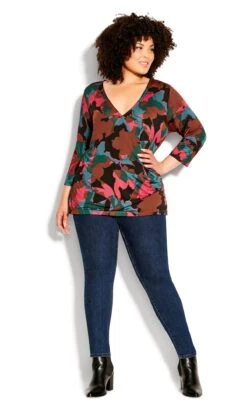 Avenue Brown & Red Floral Wrap Top