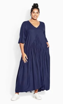 Avenue Navy Blue Pleated Pocket Maxi Dress