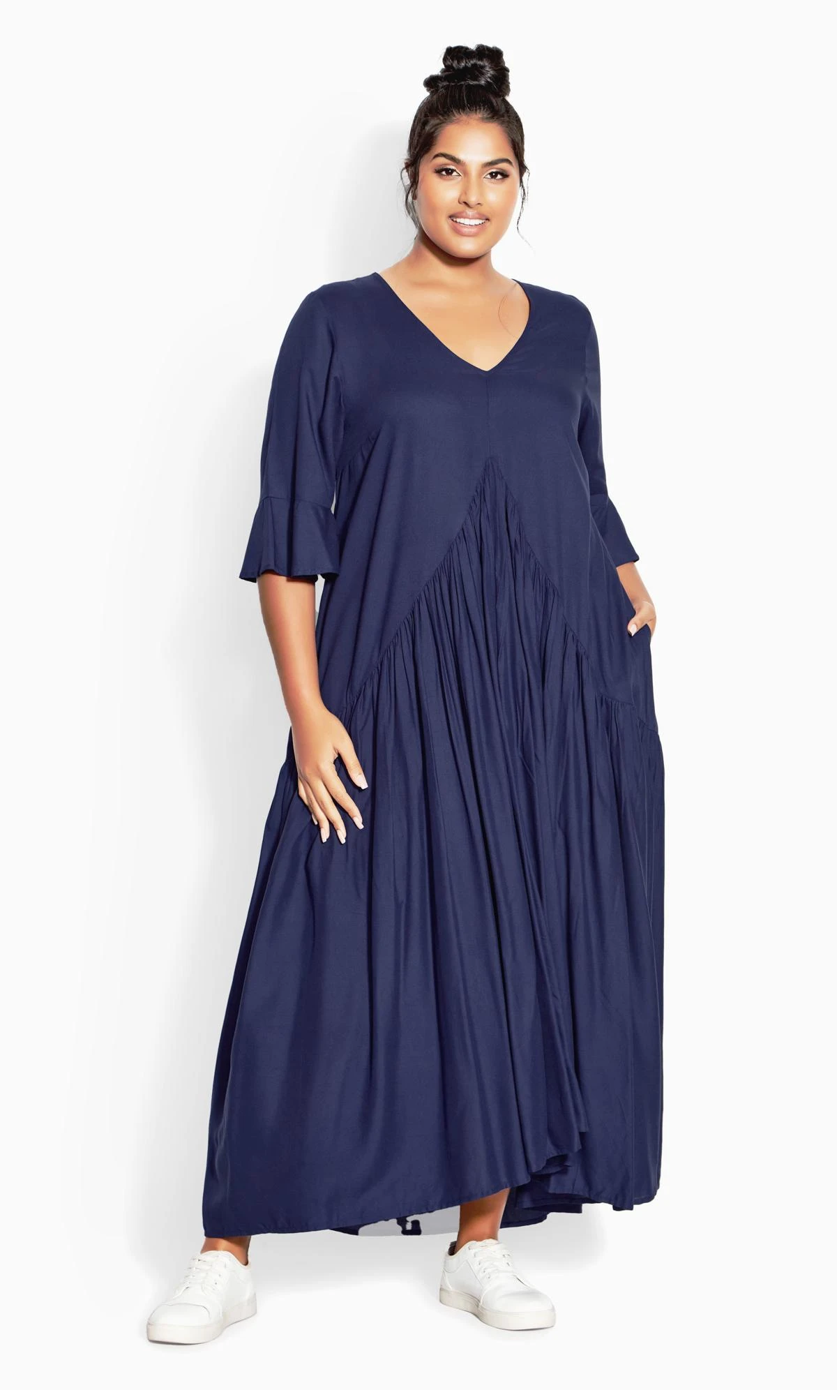Avenue Navy Blue Pleated Pocket Maxi Dress