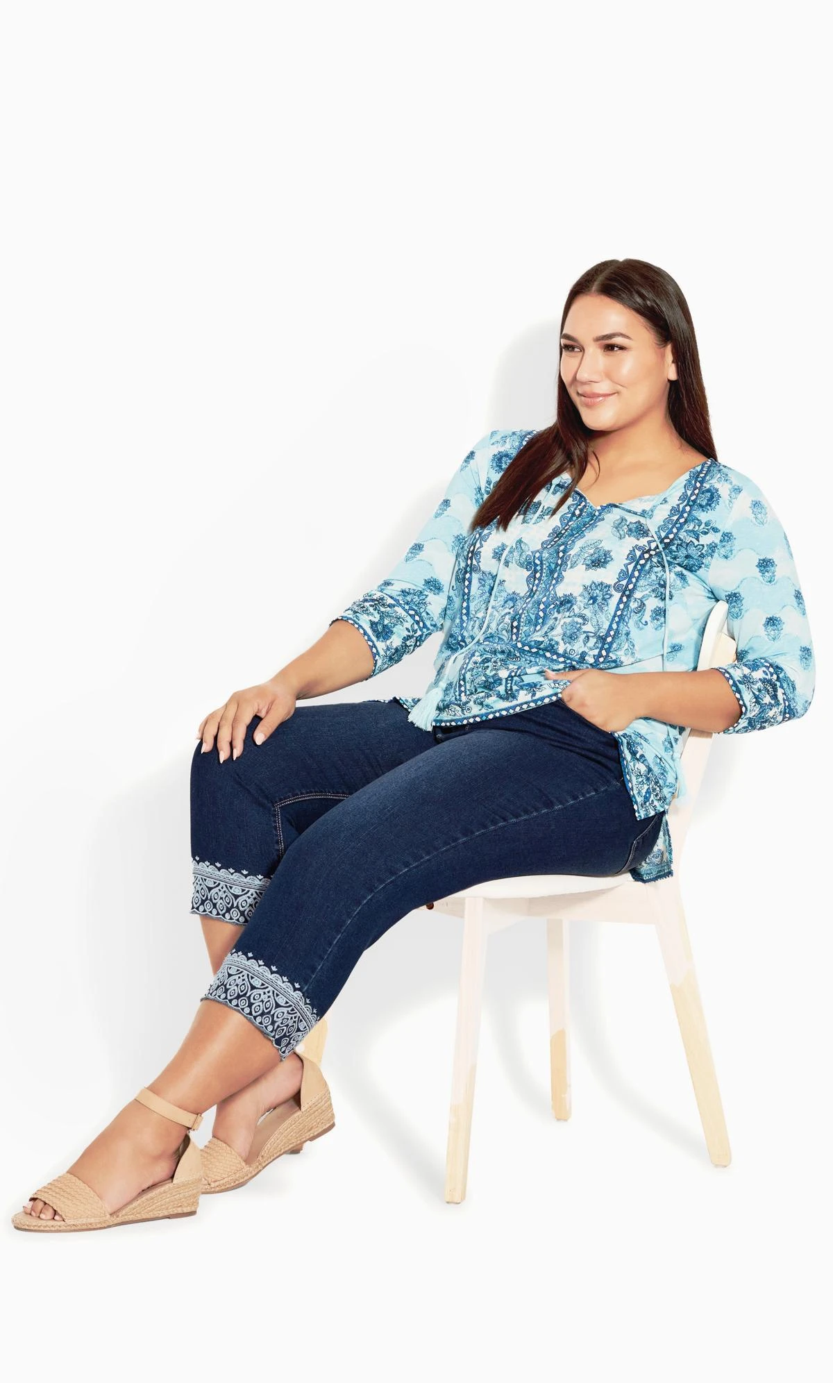 Avenue Blue Mid Wash Cropped Embroidered Jeans