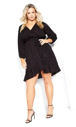 City Chic Black & Red Polka Dot Print Rufle Wrap Dress
