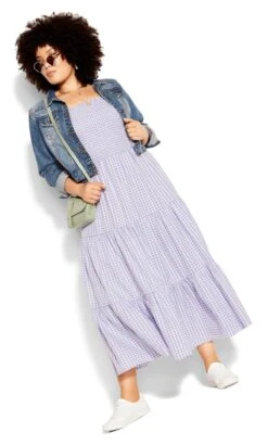 City Chic Lilac Purple Gingham Shirred Maxi Dress