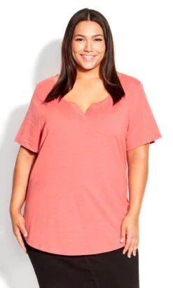 Avenue Coral Orange V-Neck Pocket T-Shirt