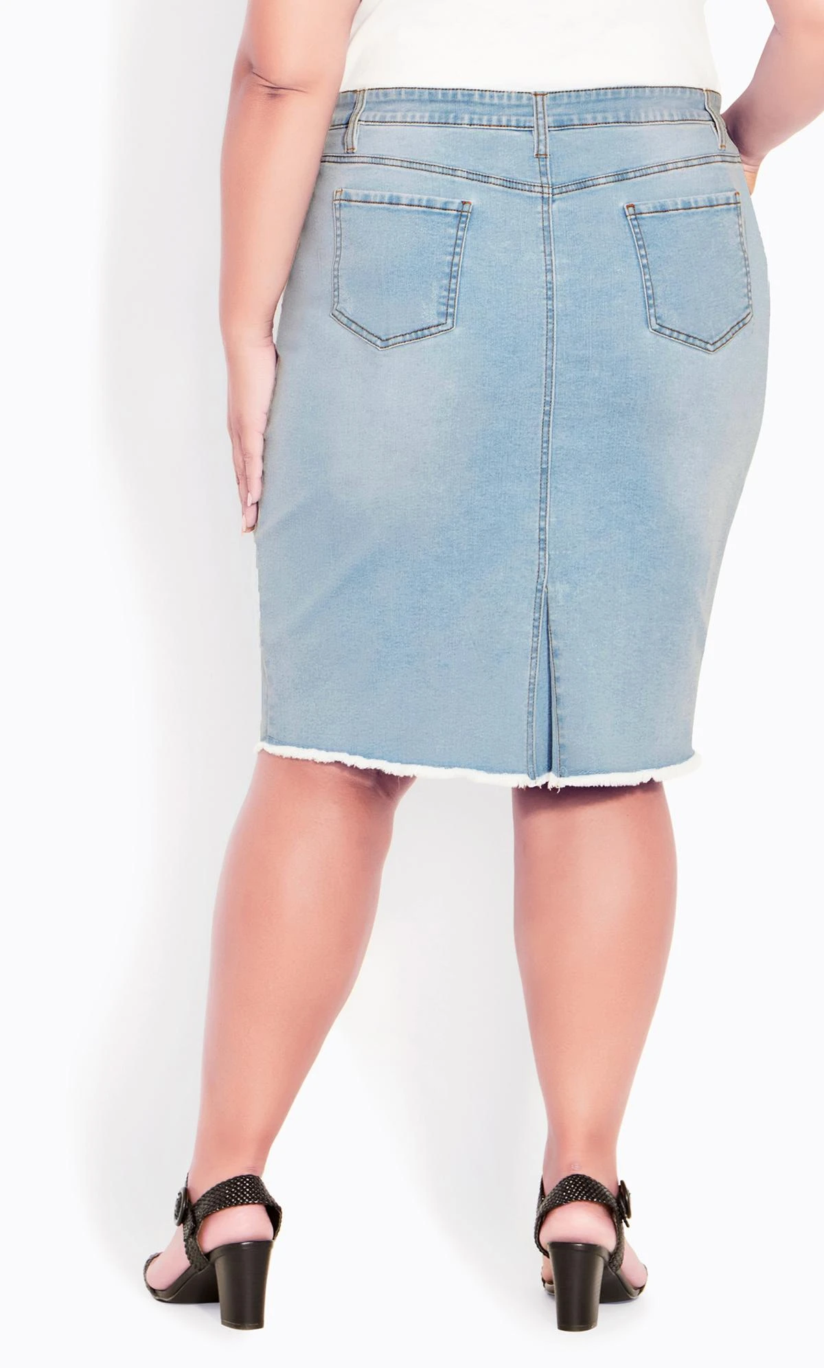 Avenue Blue Light Wash Raw Hem Denim Midi Skirt - Image 4