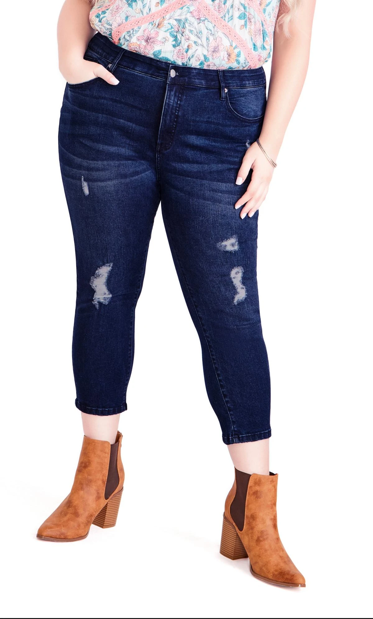 Avenue Blue Dark Wash Ripped Cropped Jeans - Image 4